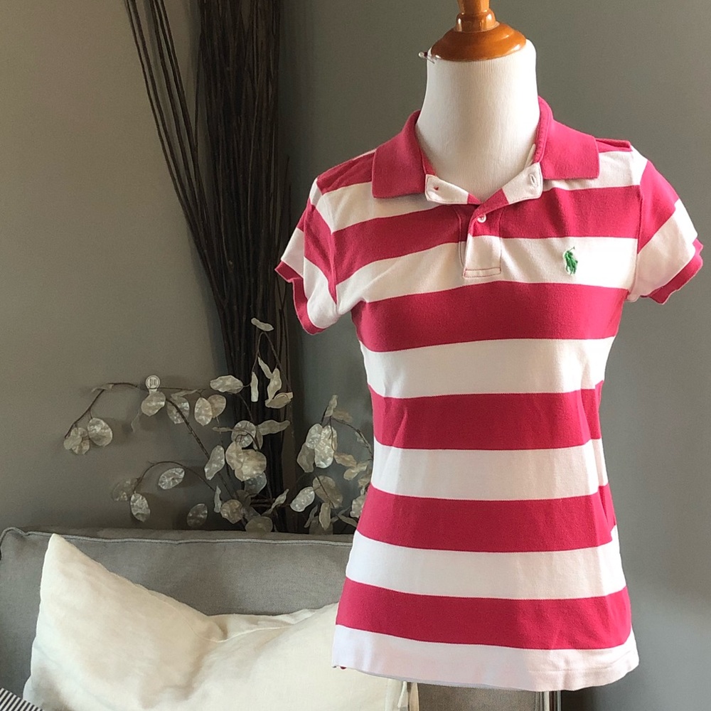 RL pink and white polo